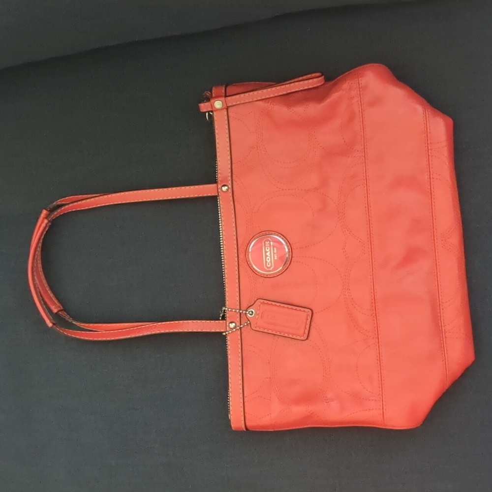Coach Signature Patent Leather Tangerine Stitched Logo Tote Shoulder Bag